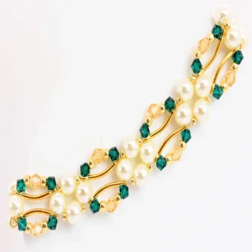 Emerald and Gold Crystal and Pearl Hex Block Link Bracelet