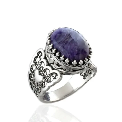 Charoite Gemstone Double Heart Detailed Filigree Art 925 Sterling Silver Women Statement Ring